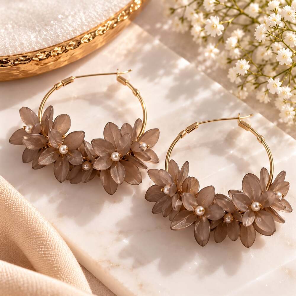 Taupe Floral Hoop Earrings Gold Tone 3D Flower Statement Earrings